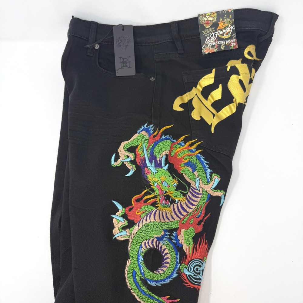 Ed Hardy Mens 32x38 Dragon Embroidered Stacked Boot Cut Jeans MEHD8303-1 NEW